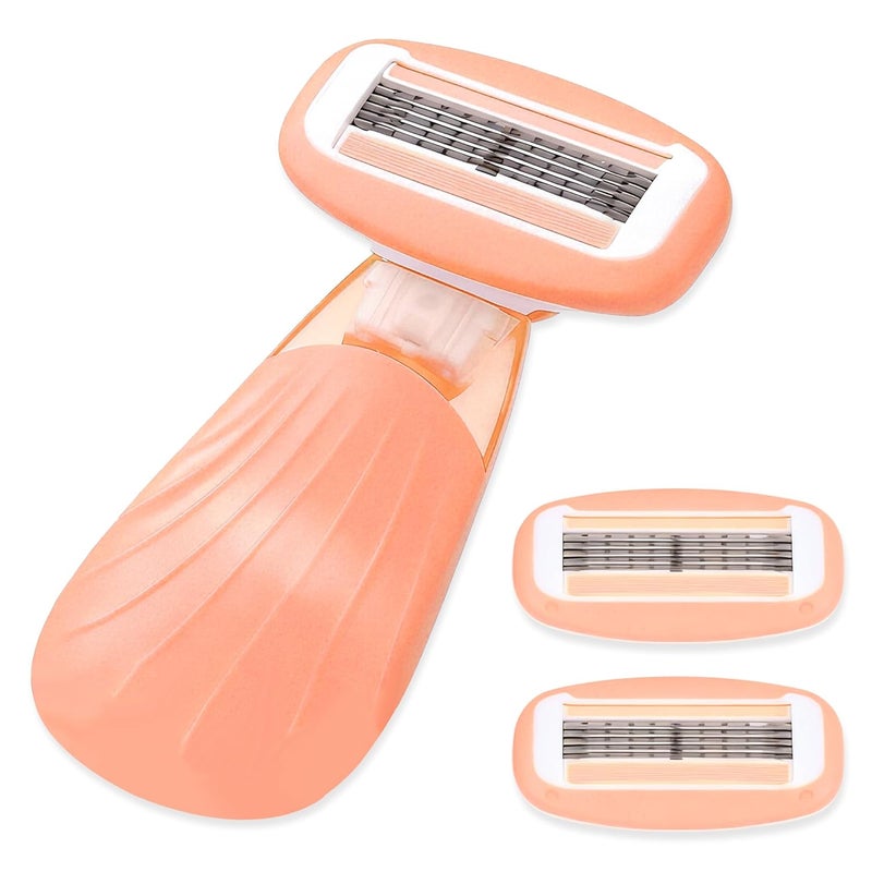 Keropy Moisturizing Bar Mini Travel Razor Kit for women Under Arm Pubic Hair Lines- 1 Handle and 3 Cartridges - Extra Smooth 5-blade With Case for Close Shaving - Orange - Image 1